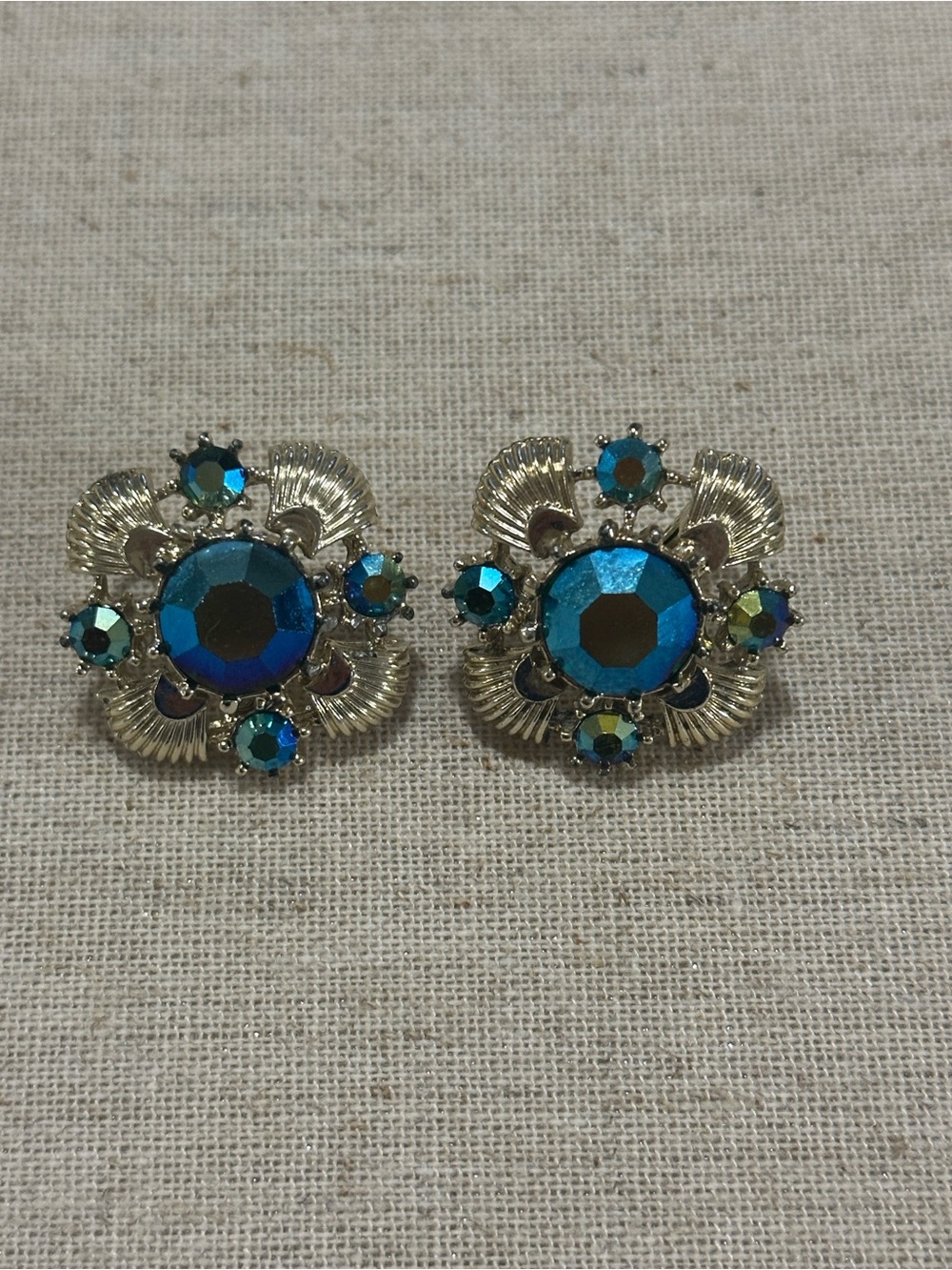 Coro Clip on Earrings Gold Tone & Blue AB Rhinestones Maltese Cross 1950s